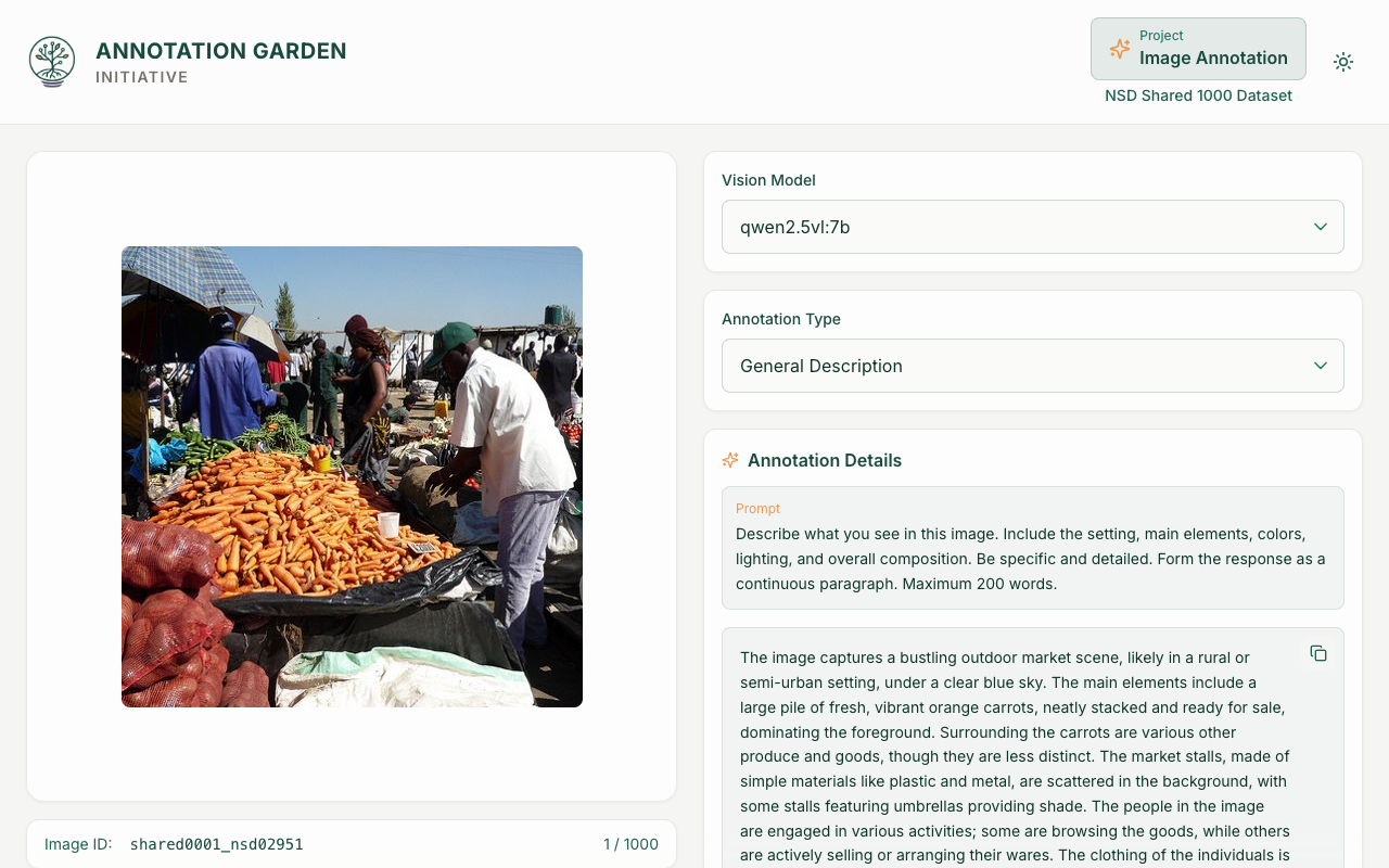Image Annotation tool interface showing VLM-based annotation of NSD images