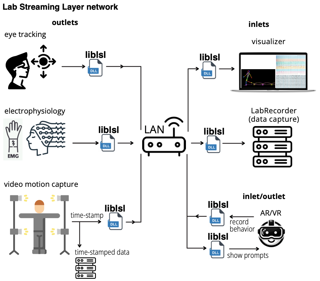 The overall design of the Lab Streaming Layer (LSL) for synchronized data recording.